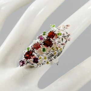 Garnet cocktail anniversary silver ring Unique gift